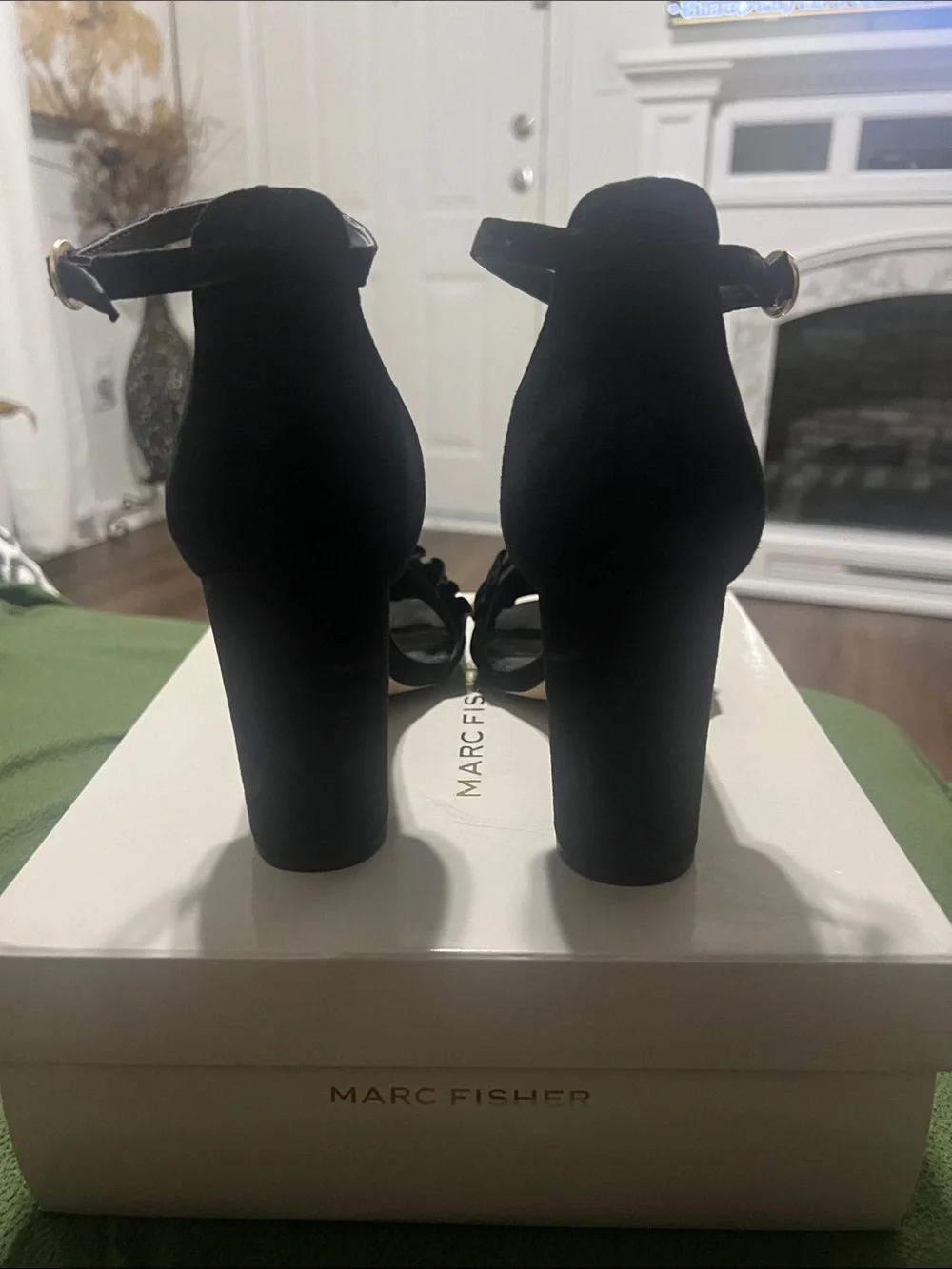 Marc Fisher Black Suede Pearl-Trim Ankle Strap Heels